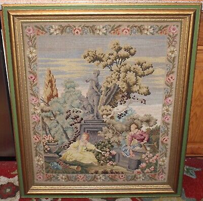 Large Victorian Style Needlepoint Tapestry Framed Romantic Courtship Man Woman