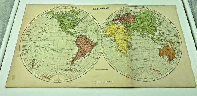 The World Map Eastern Western Hemisphere 1880s Antique Print Original