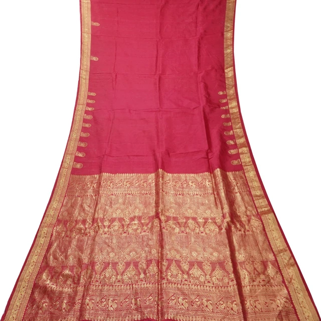 Vintage Rosa Magenta Sari 100% Pura Seta Zari Intrecciato Festive 4.6m Tessuto