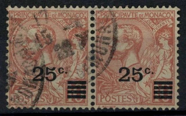 Monaco 1922 SG#52, 25c On 10c Rose Red Prince Charles III Used Pair #E95217