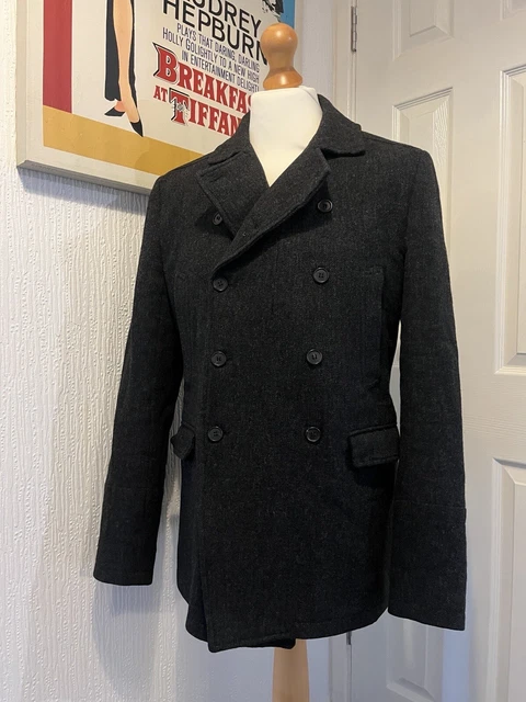 MENS ALL SAINTS Garrison Pea Coat Wine Deep Burgundy ItalianWool