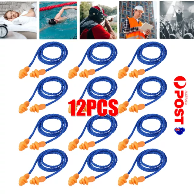 12x Silicone Soft Corded Ear Plugs Reusable Hearing Protect Safety Earplugs