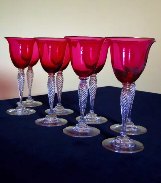 English 19c Antique Stemware 8 Cranberry Wine Claret Glasses Twisted Stem 1800s