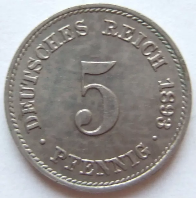 Moneta Reich Tedesco Impero Tedesco 5 Pfennig 1893 J IN Brillant uncirculated
