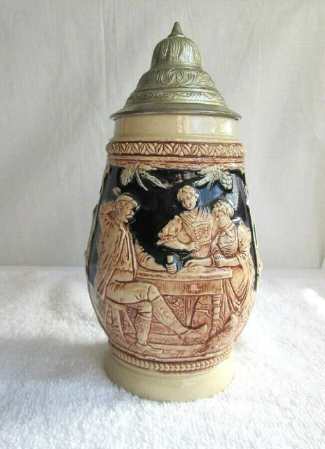 Germany 8 1/2" Cobalt Blue & Tan Beer Stein With Metal Lid Beer Garden Scene