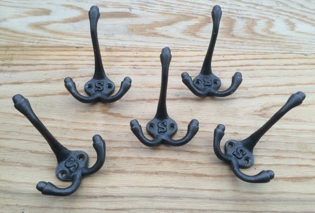 Set Of 5 Classic Old Antique Style Triple Coat Hook Cast Iron Vintage Hooks