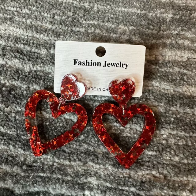 Heart Dangle Earrings Two Tier Clear Red Valentine's Glitter Cute Gift Fun New