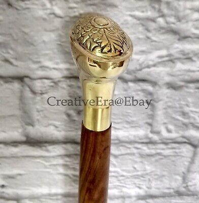 Designer Brass Head Handle Walking Stick Brown Wooden Brass Inlaid Cane Gift New