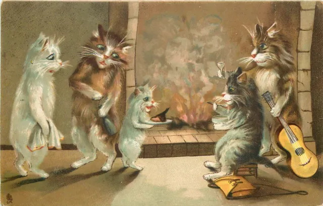 Maurice Boulanger Postcard Tuck Humorous Cats 122 Enjoying Food & Guitar by Fire