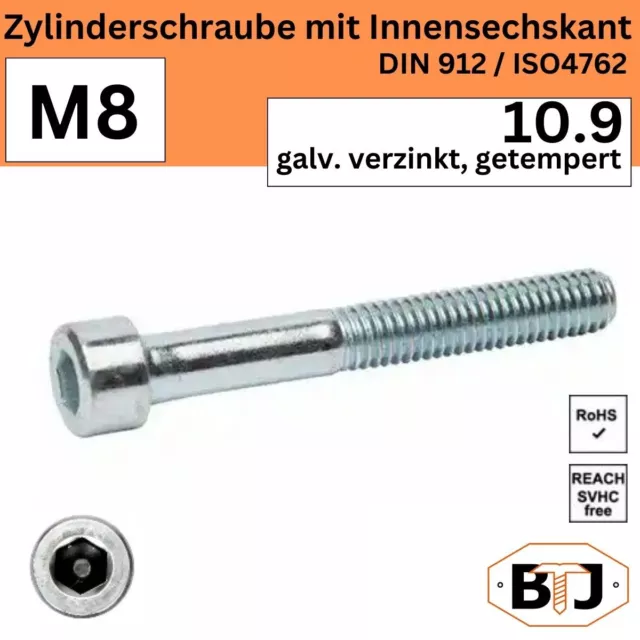 DIN 912 -10.9-M8 Zylinderschrauben mit Innensechskant galv. verzinkt, getempert