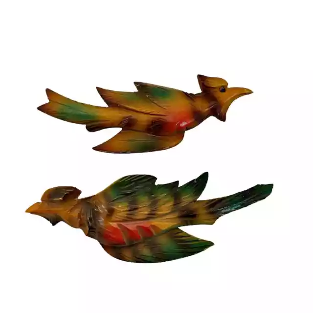 Vintage German Black Forest Cuckoo Clock Trim Carved Color Birds Pair Glass Eyes