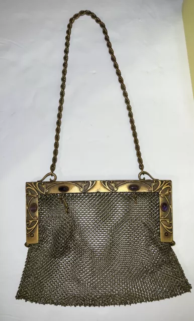 Art Nouveau Gold Mesh Purse Handbag Evening Bag Antique with Stones