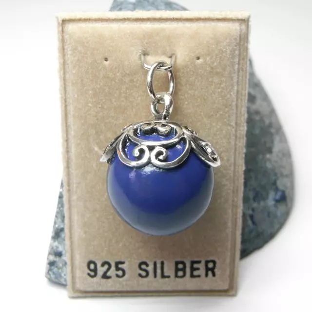 NEU 925 Silber KLANGKUGEL ANHÄNGER 16mm Blau für KETTE Qi Gong BALL Kugel