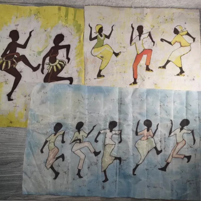 3 x Ethnic Wax Batik Painting On Fabric Black African Art Signed by Edricko KMS