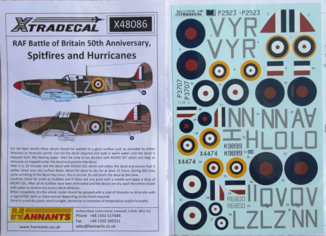 Xtradecal X48086 1/48 RAF Battle of Britain Spitfire + Hurricane decal set