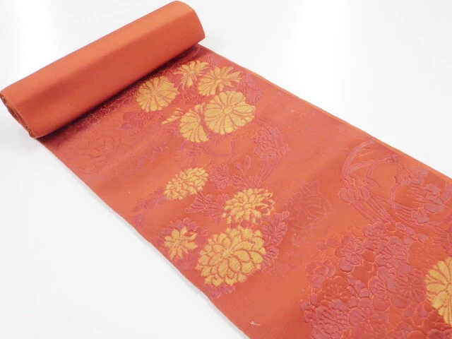 6530752: Japanese Kimono / Antique Bolt For Nagoya Obi / Woven Kiku & Ume