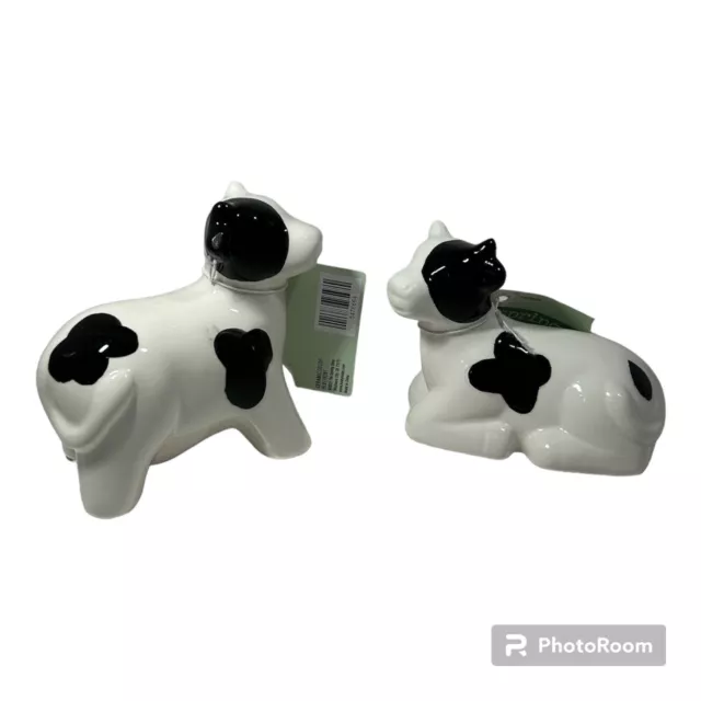 Ceramic Holstein Cow Figurines Set Of 2 Black And White Sitting & Standing 3.5”