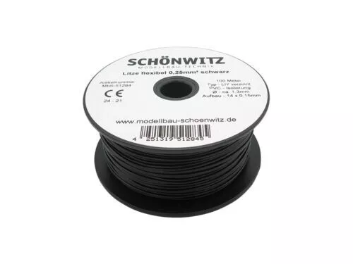 Litze Kabel 0,25mm² LIY Kupferschaltlitze schwarz 100 Meter auf Spule