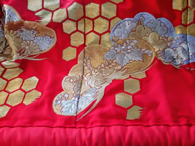 VTG UCHIKAKE KIMONO🌹Furisode RED Wedding FORMAL JAPANESE SILK HEAVY EMBROIDERY 4
