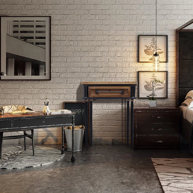 Industrial Style Nightstand Solid Wood End Table Study Storage Cabinet Removable