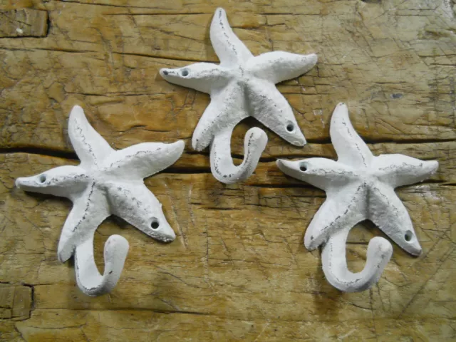 3 Cast Iron Antique Style Nautical STARFISH Coat Hooks Hat Hook Rack Towel