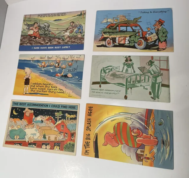Vintage 1940s Lot Of 6 - Humorous Cheeky Color Cartoon Linen Postcards W/ Stamps 2
