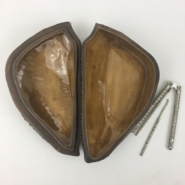 Vintage Ceramic Nut Shaped Dish Lid Handmade 1968 Textured Cracker Utensil 9.5”L 2