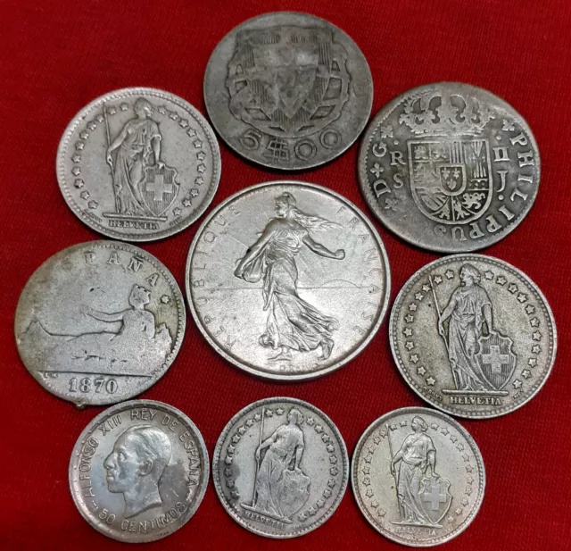 Lote Monedas De Plata Antiguas, España, Francia, Italia, Portugal.