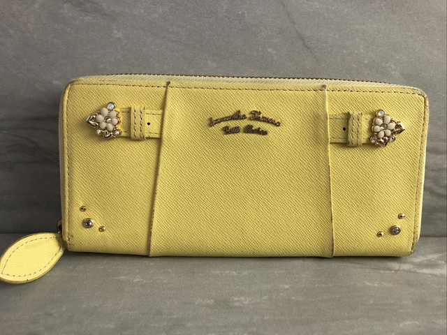 Samantha Thavasa Wallet Leather yellow flowers rhinestones zip around