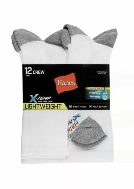 Hanes FreshIQ X-Temp Crew Socks for Men, Size 10-13 - White (Pack of 12)