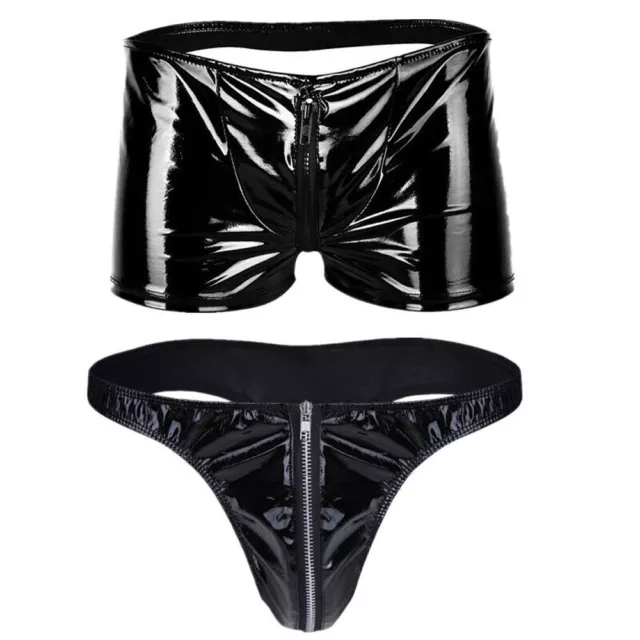 Mens PVC Leather Shorts Zipper Bulge Pouch Hot Pants Open Butt Boxer Briefs