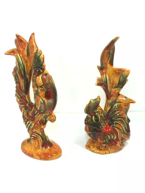 Hand Painted Drip Glaze Ceramic Colorful Rooster Hen Figurines MCM