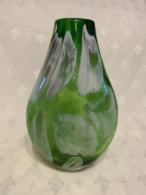 Stunning Green White Pink Glass Bottle Vase Large Heavy Hand Blown 32.5cm High