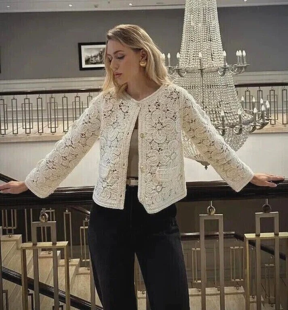 ZARA MACRAME KNIT Cardigan Crochet Jacket Ecru White Floral S L