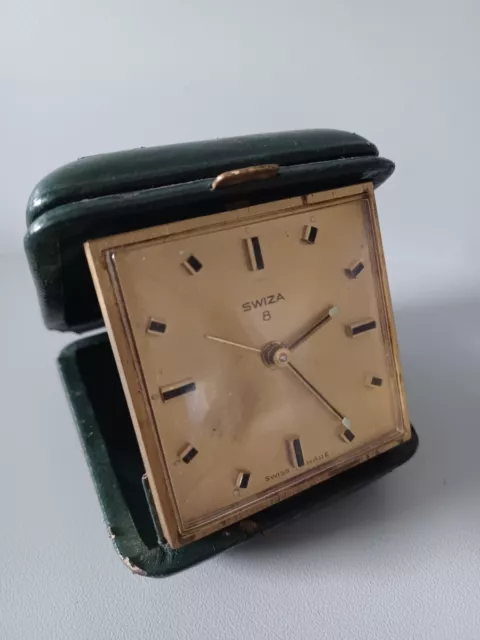 Vintage Swiza Travel Alarm Clock Working Green case mechanical movement