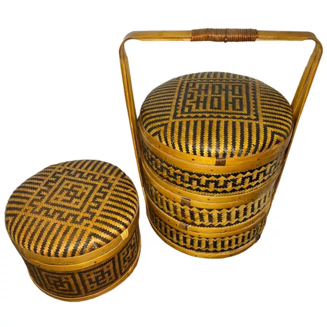 VTG Chinese Asian 3 Tier + 1 Wedding Basket Set Woven Wicker Rattan Bamboo Cane