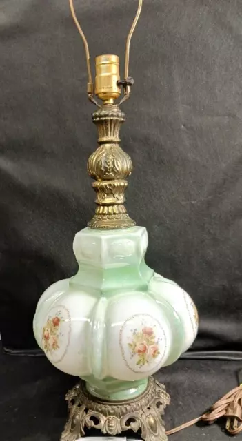 Table Parlor Lamp Bubble Glass Green Brass 3 Way Light Rose Floral Vintage