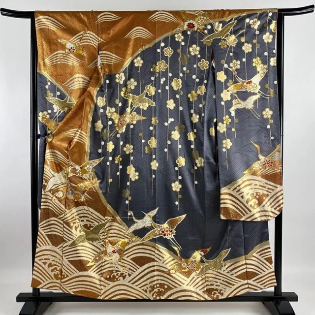 Japanese Kimono Furisode Pure Silk Crane Whitecaps Gold Thread Gold Paint Orange