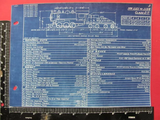 Atlantic Coast Line Railroad Orig Locomotive Blueprint #1151-1158 Data & Diagram