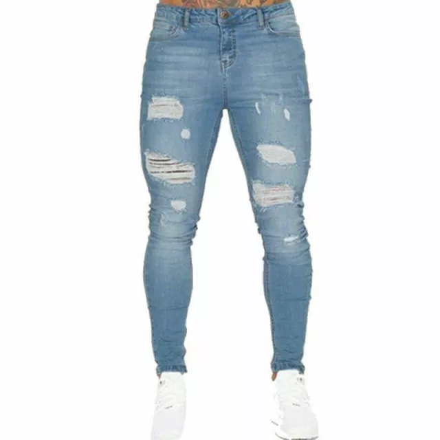 Mens Skinny Slim Fit Stretch Biker Trousers Ripped Distressed Denim Pants Jeans
