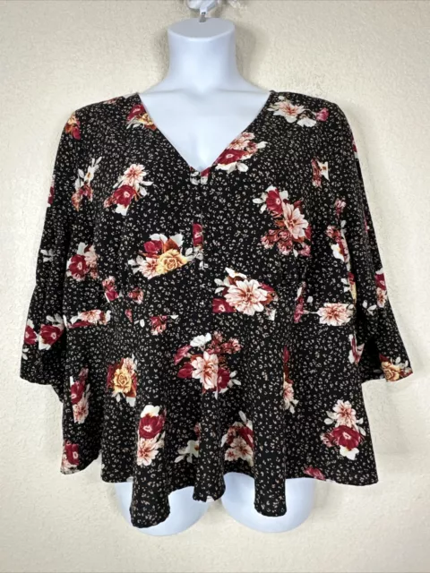 Torrid Womens Plus Size 3 (3X) Black Floral V-neck Top 3/4 Sleeve