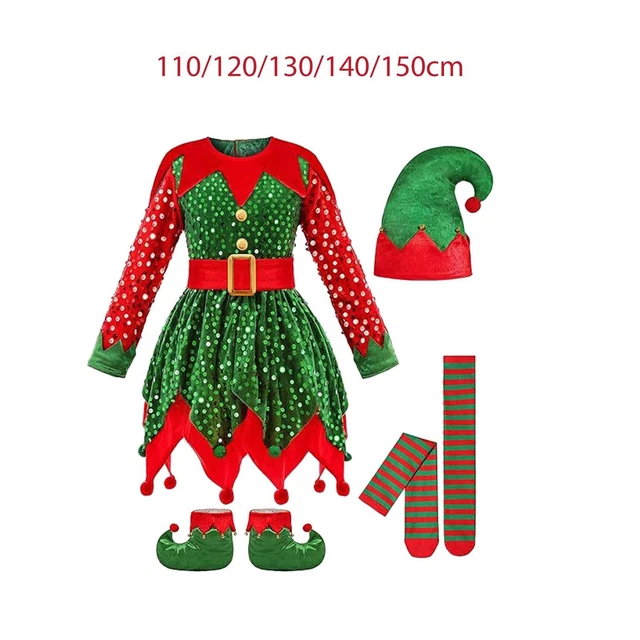 Costume De Lutin De Noël Femme - Ensemble 5 Pièces Vert Et Rouge (jupe, Ceinture, Chapeau, Chaussons, Chaussettes) - Taille Adulte