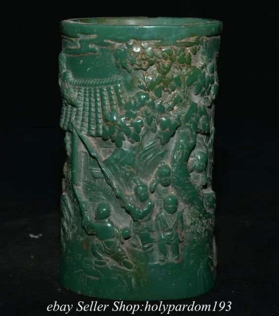 5.2" Old Chinese Green Jade Carved Dynasty Tree Tongzi Pencil vase Brush pot