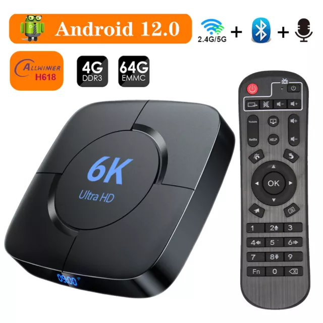 Boîtier Smart TV Android 12, 4 Go/64 Go 2.4/5GHz, Wifi 6K/HDR, décodeur vidéo 3D