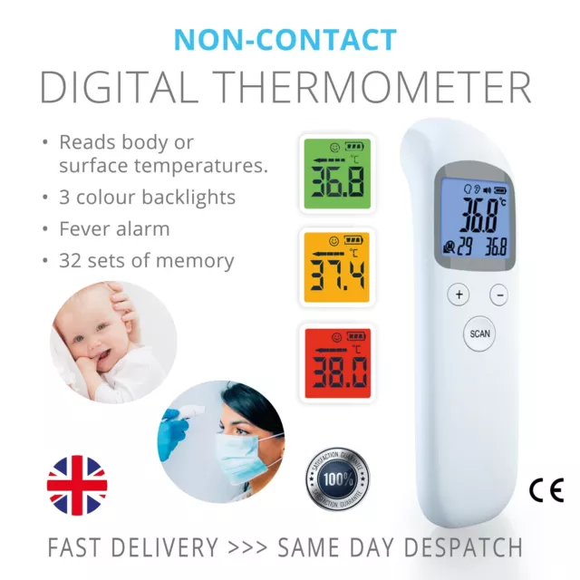 UK Digitales Infrarot Stirn Thermometer berührungslos Baby Erwachsene Fieber/Oberfläche