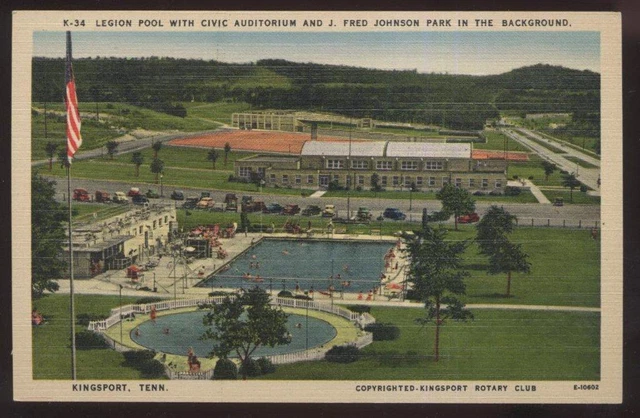 1930s POSTCARD KINGSPORT TN JOHNSON PARK SWIMMING POOL & AUDITORIUM AERIAL VIEW