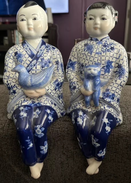 VTG Blue White Chinoiserie Porcelain Large BOY & GIRL Figural Shelf Sitters