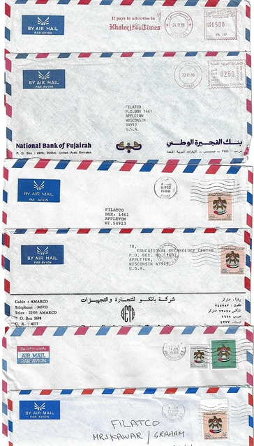 UAE 1980s SIX AIR MAIL COVERS ABU DHABI & DUBAI CANCELS