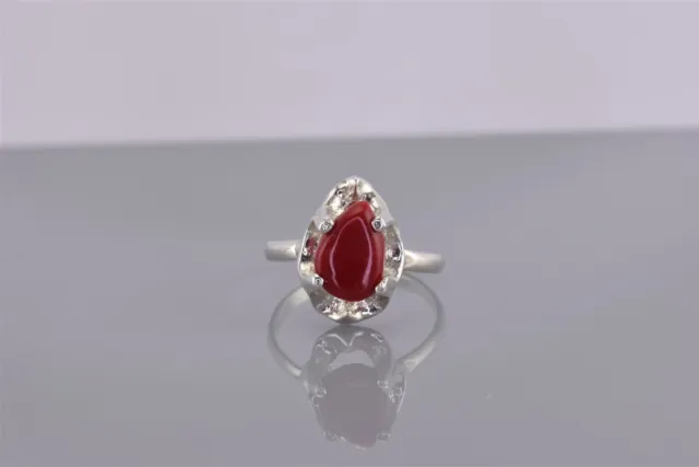 Sterling Silver Raised Red Coral Teardrop Scallop Bezel Band Ring 925 Mex Sz: 5