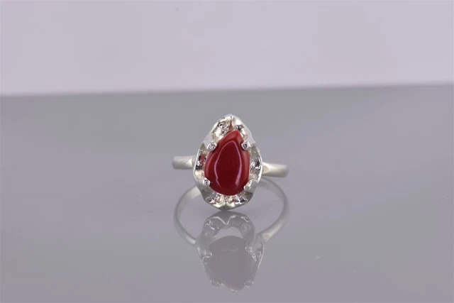 Sterling Silver Raised Red Coral Teardrop Scallop Bezel Band Ring 925 Mex Sz: 5